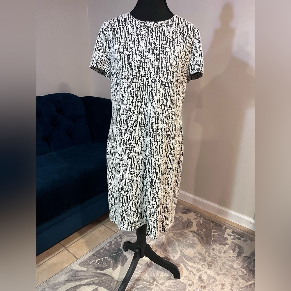 Calvin Klein Black and White Shift Dress with Gold Zipper